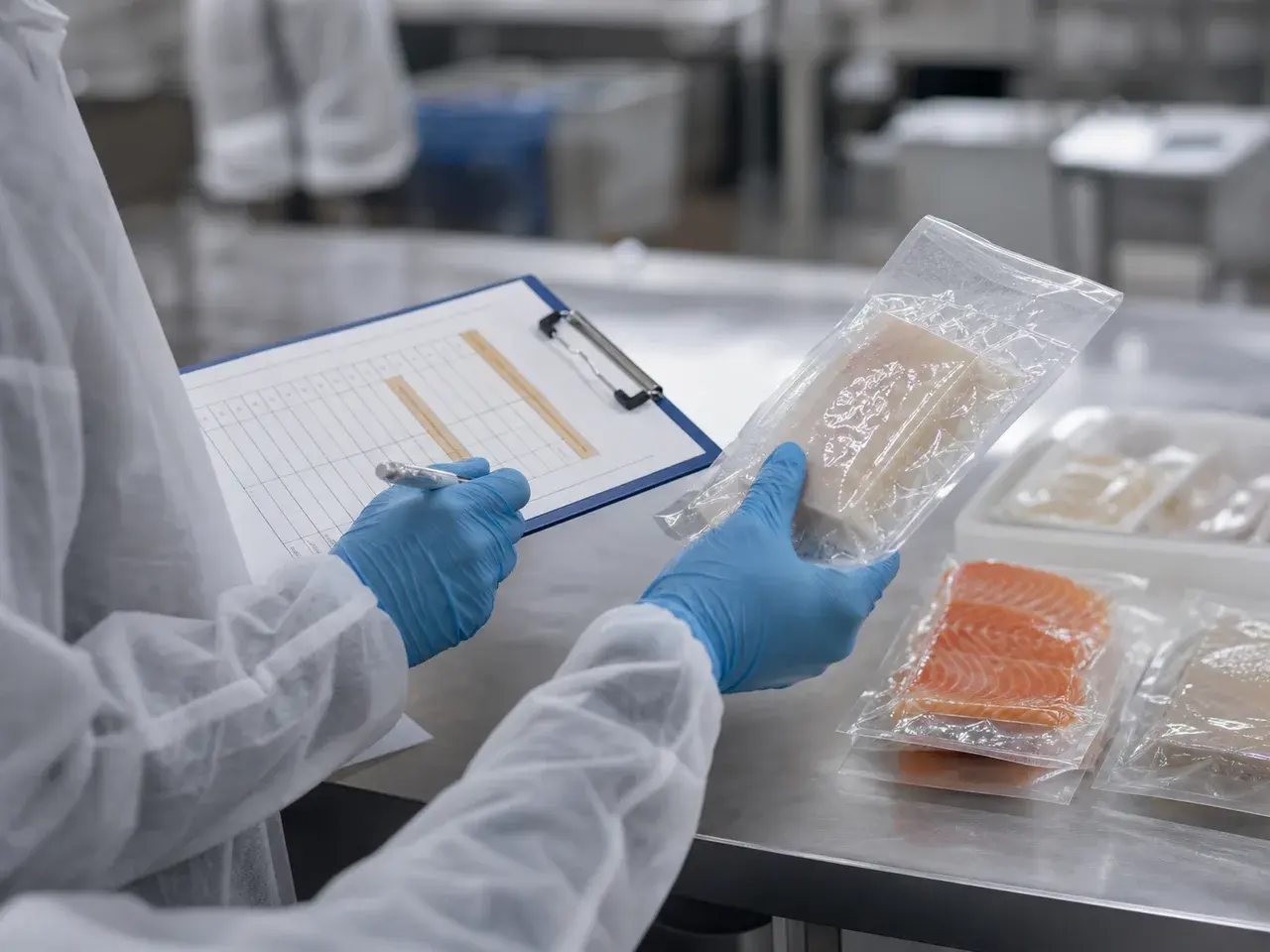 Quality professional reviewing food specification and sealed samples